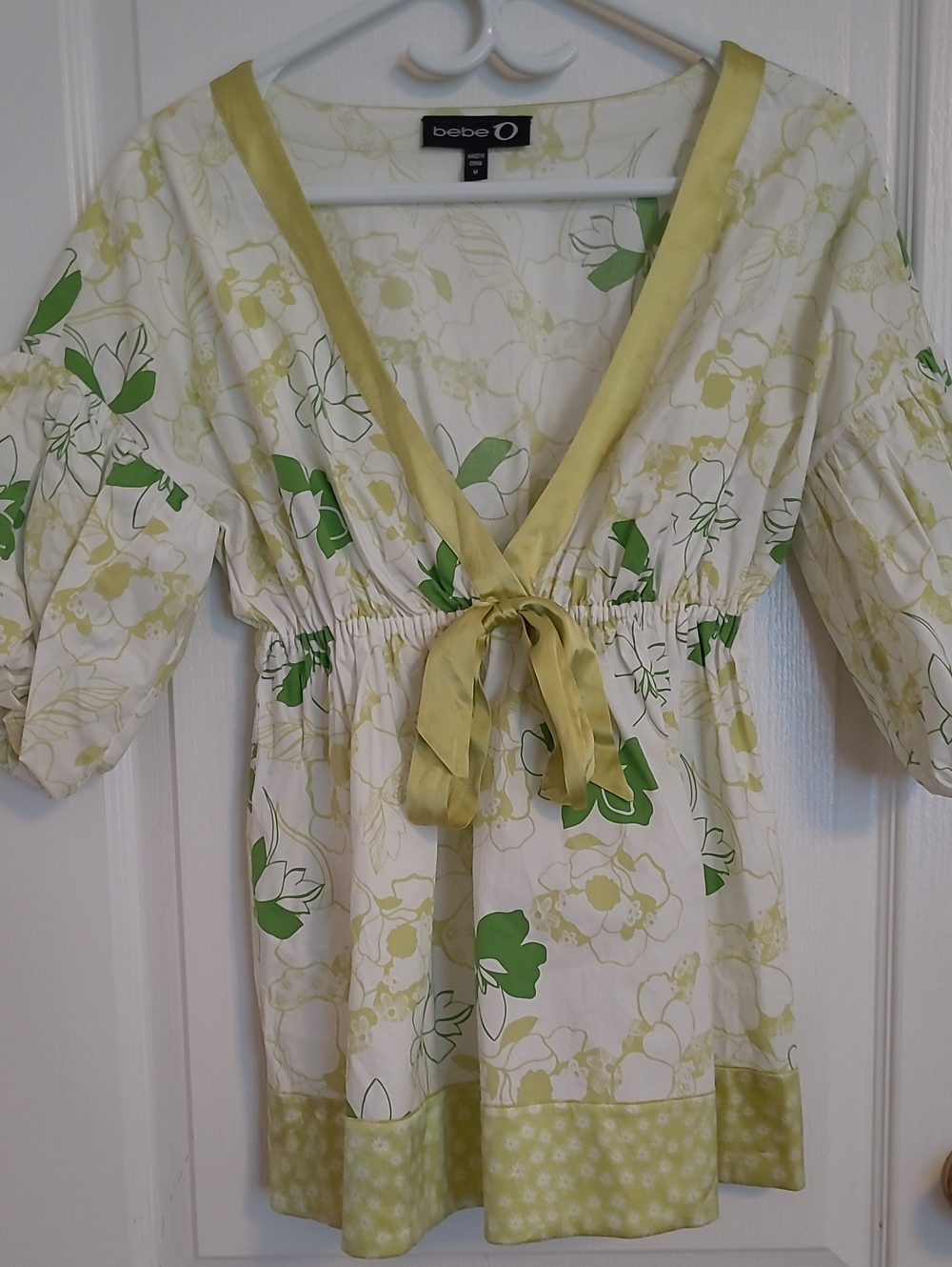 bebe White Floral Tie-Front Tunic with Green and Yellow Accents